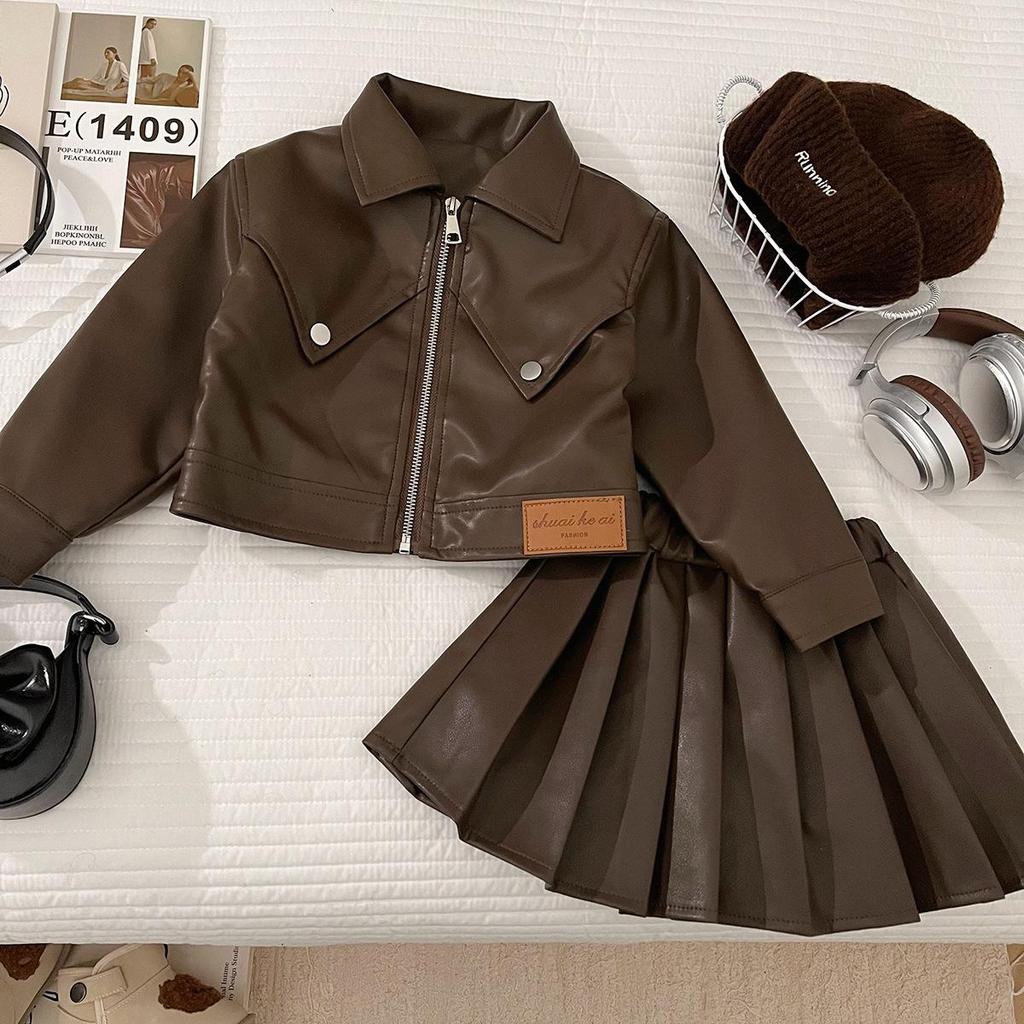Girls' Autumn PU Leather Biker Outfit: Korean-Style Jacket & Pleated Skirt Set