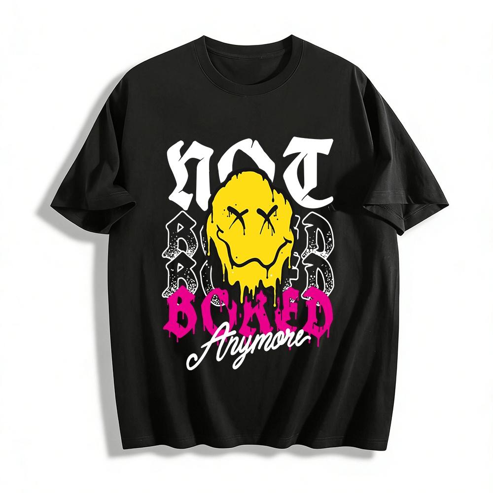 

Melting Smiley BORED Print Streetwear Loose Casual Short Sleeve Tee Pure cotton T-shirt 6XL