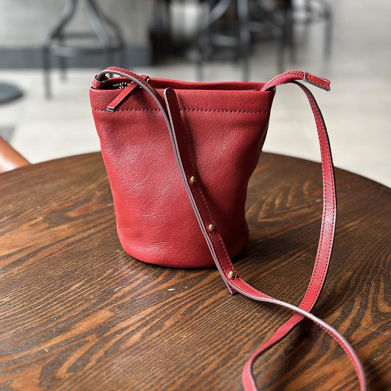 Johnature Casual Women Mini Bag Simple Solid Color Genuine Leather Versatile Small Bucket Shoulder & Crossbody Bags