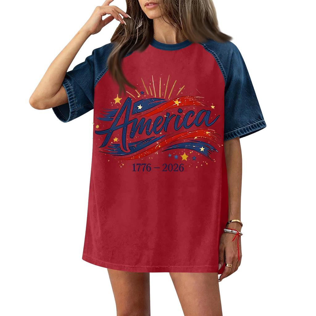 Women's Casual Short Sleeve T-Shirt Denim Patchwork Top 250th Independence Day Graphic Print Comfortable Fit Relaxed Style