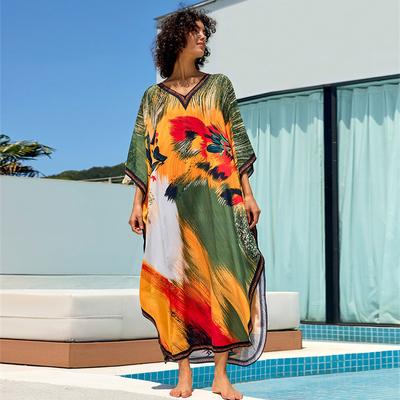 Boho Printed Plus Size Kaftan 2024 Women Short Sleeve House Robe Summer Vacation Beach Maxi Dress Swimwear Cover Up Loose Caftan
