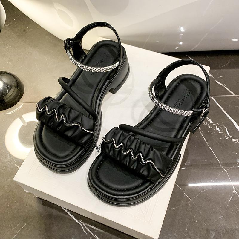 

Muffin thick sole heightening small sandals women s spring and summer 2025 new fashion rhinestone beautiful beach shoes 40 чёрный