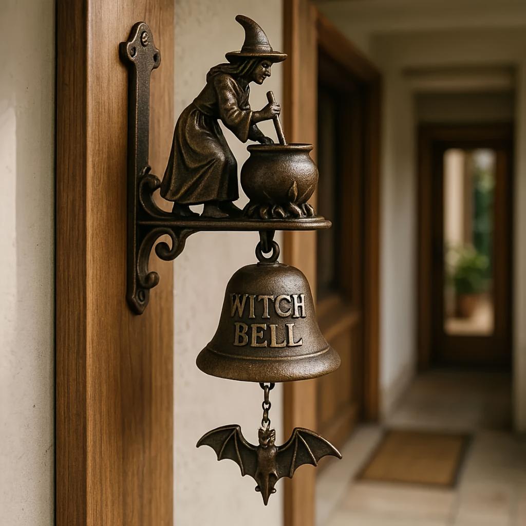 Campanello da Porta Strega in Resina Retrò con Strega a Cavallo di una Scopa, Decorazione da Appendere al Muro per Feste di Halloween, Porta d'Ingresso, Portico, Casa e Decorazione da Parete Interna ed Esterna