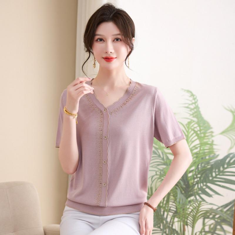 Mom's New Summer Bottoming Top Medium and Old Women's Collar Diamond-encrusted Shirt Short-sleeved Knitted Shirt Thin