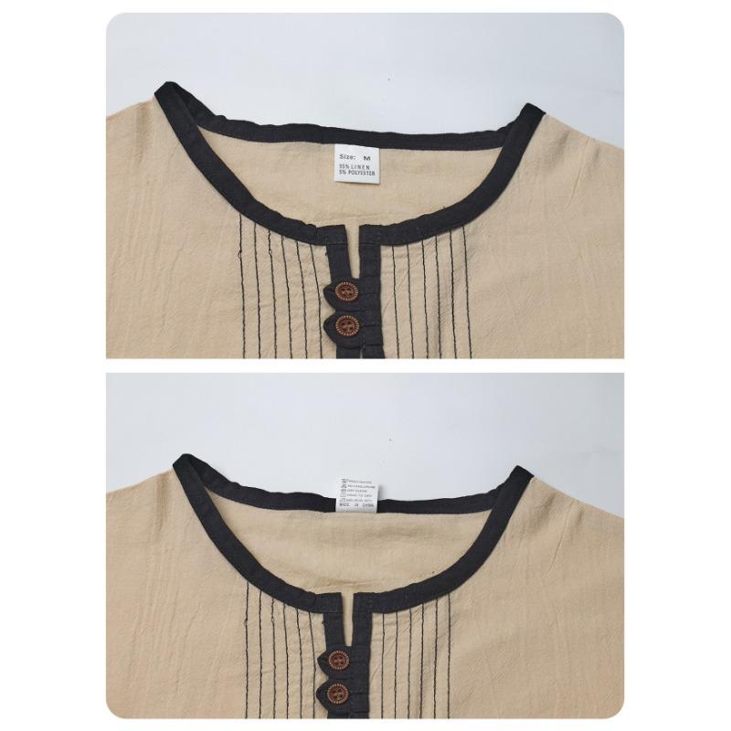 Mens Linen Blend Henley Neck Long Sleeve Casual T Shirt