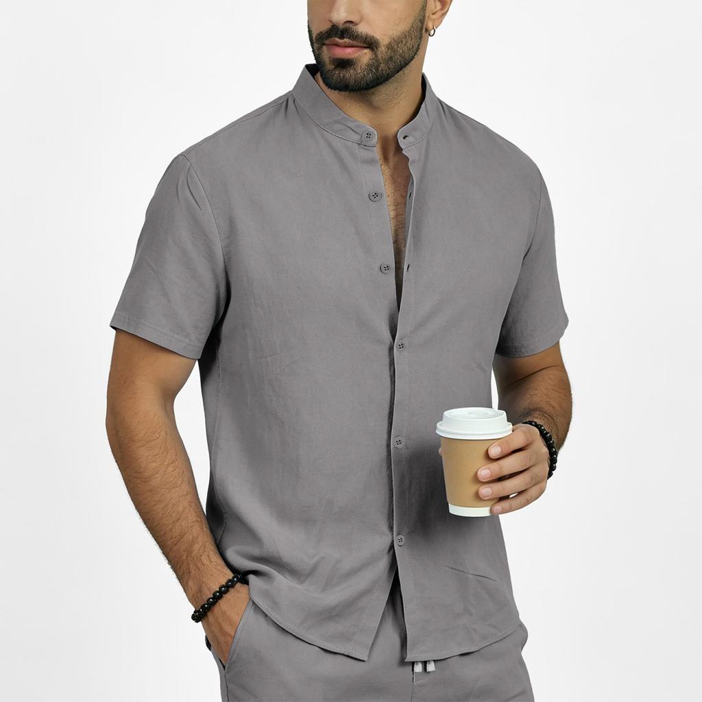 Men's Summer Linen Short Sleeve Shirt Stand Collar Button Down Shirt Casual Breathable Lightweight Top for Daily Wear