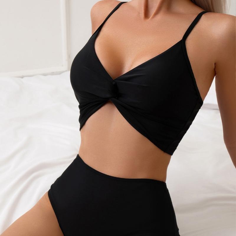 Women's New Solid Color High-waisted Backless Sexy Bikini Two Piece Swimsuit