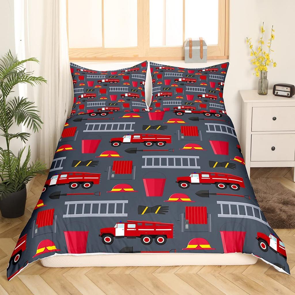 Fire Truck Duvet Cover Set Twin Size Red Firemen Car Vehicle Bedding Set Fire Engine Pattern For Boys Tire Printing Quilt Cover