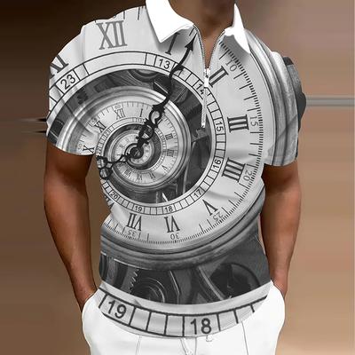 Men's  Shirt Polo Casual Zip Short Sleeve Fashion Casual Zipper Summer Spring Regular Fit 3D Clock Print Shirt