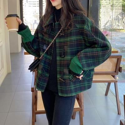 Women's Fashion Casual Plaid Print Autumn Winter Long Sleeve POLO Neck Jackets & Coats
