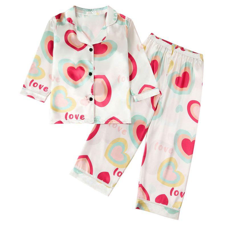 

1-8 Years Kids Girls Pajama Set Long Sleeve Button Top and Pants Casual Loungewear 120