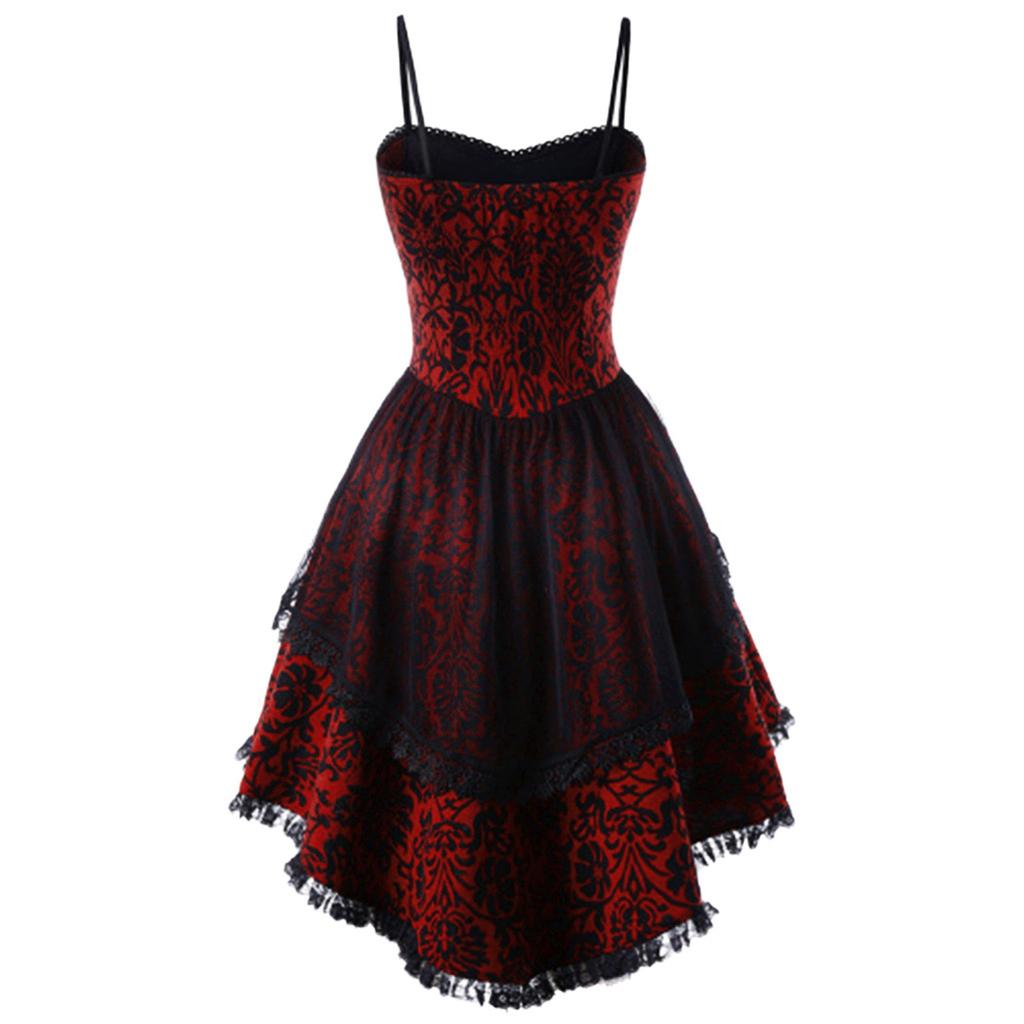 Women's Fashion Print  Dress Vintage Lace Straps Large Irregular Hem Dress