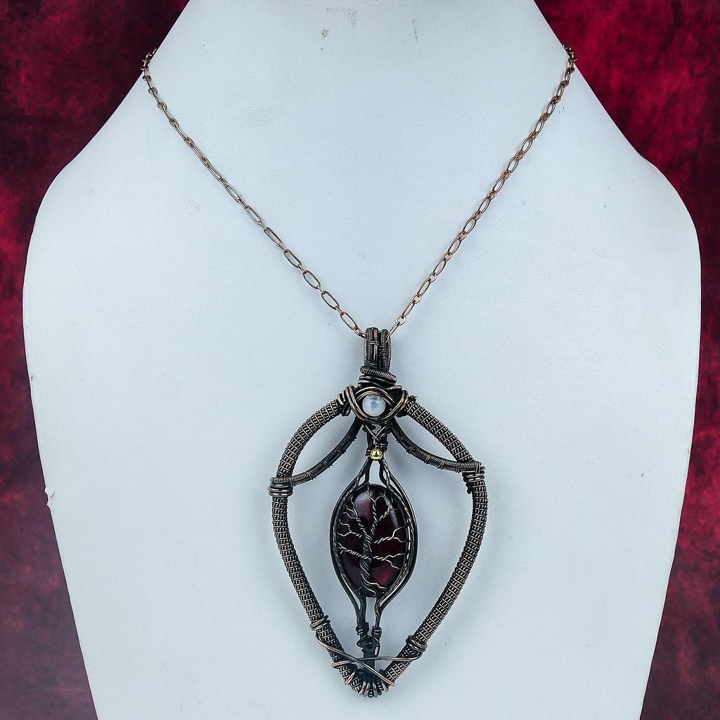 Lebensbaum Roter Feuer Labradorit Anhänger Kupferdraht Gewickelter Schmuck Regenbogen Mondstein Anhänger