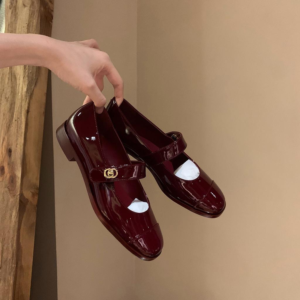 High-end sheepskin version~ Grape mother, the same style, gold buckle, round head, shallow mouth, one word with thick heel, Mary Jane shoes, women'