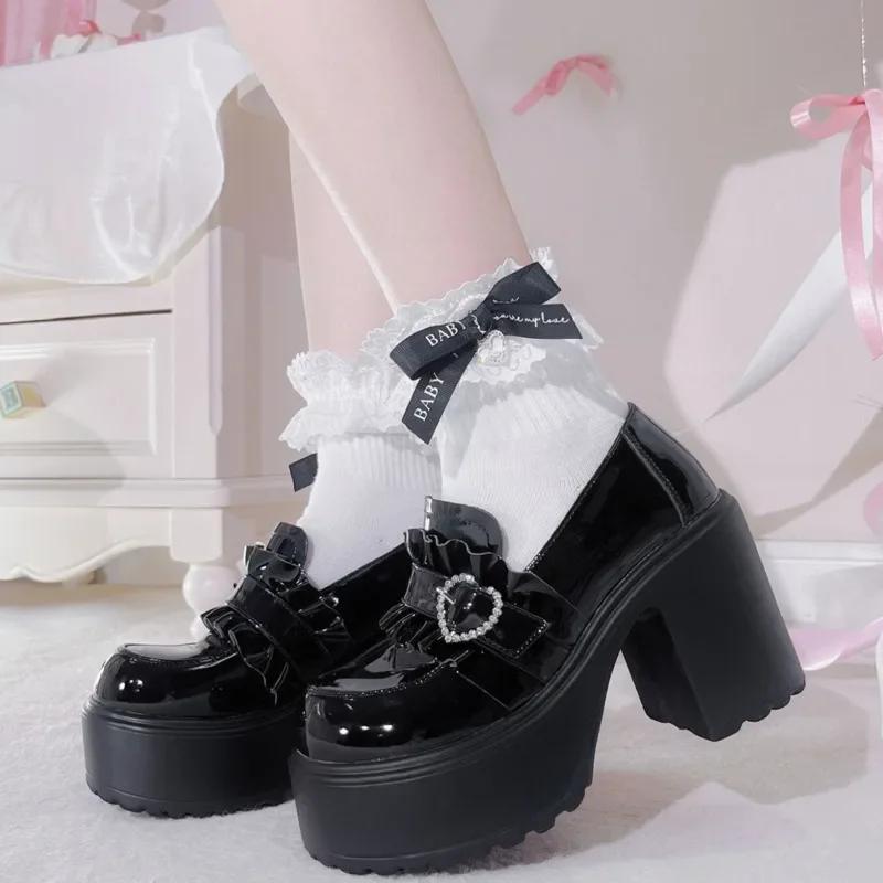 Fashion Sweet Heart-Shaped Buckle Lolita High Heels Pump Shoes for Women Y2k PU Leather Waterproof Platform Mary Janes Shoes