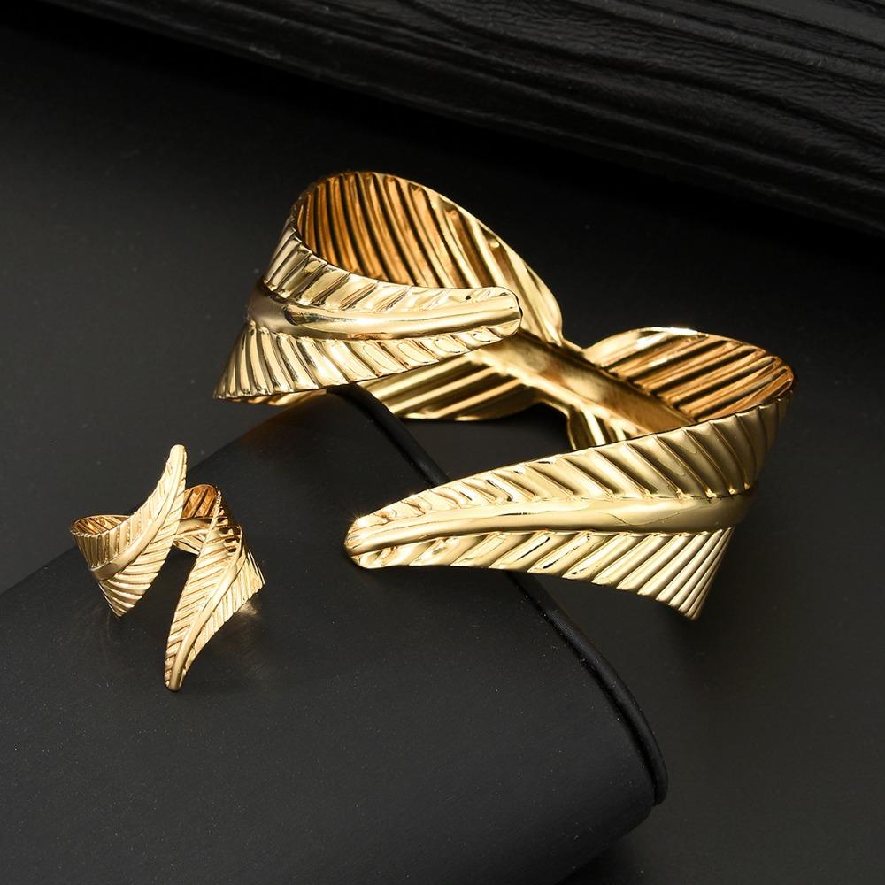 2PC European And American Women's Vintage  Leaf Shaped Bangle Ring Set Punk Metal Adjustable Bracelet Party Jewelry Accessory
