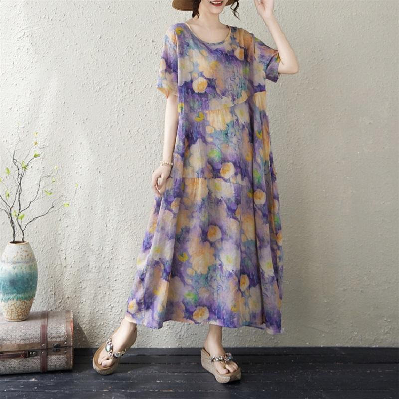 Kurzarm Plus-Size-Baumwolle im Vintage-Stil mit Blumenmuster, neu in Kleidern für Damen, lässiges, lockeres, langes Sommerkleid