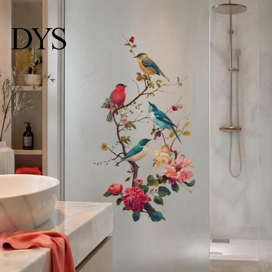 Creative Gifts for Window Decor Watercolor Bird And Flower Cling, Static PVC Waterproof Glass Sticker, Removable Art Pattern Stickers Decors,
