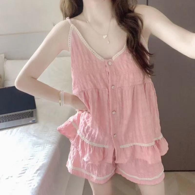 Women's Summer Pajama Set: Sweet Loose Camisole & Shorts with Removable Chest Pads
