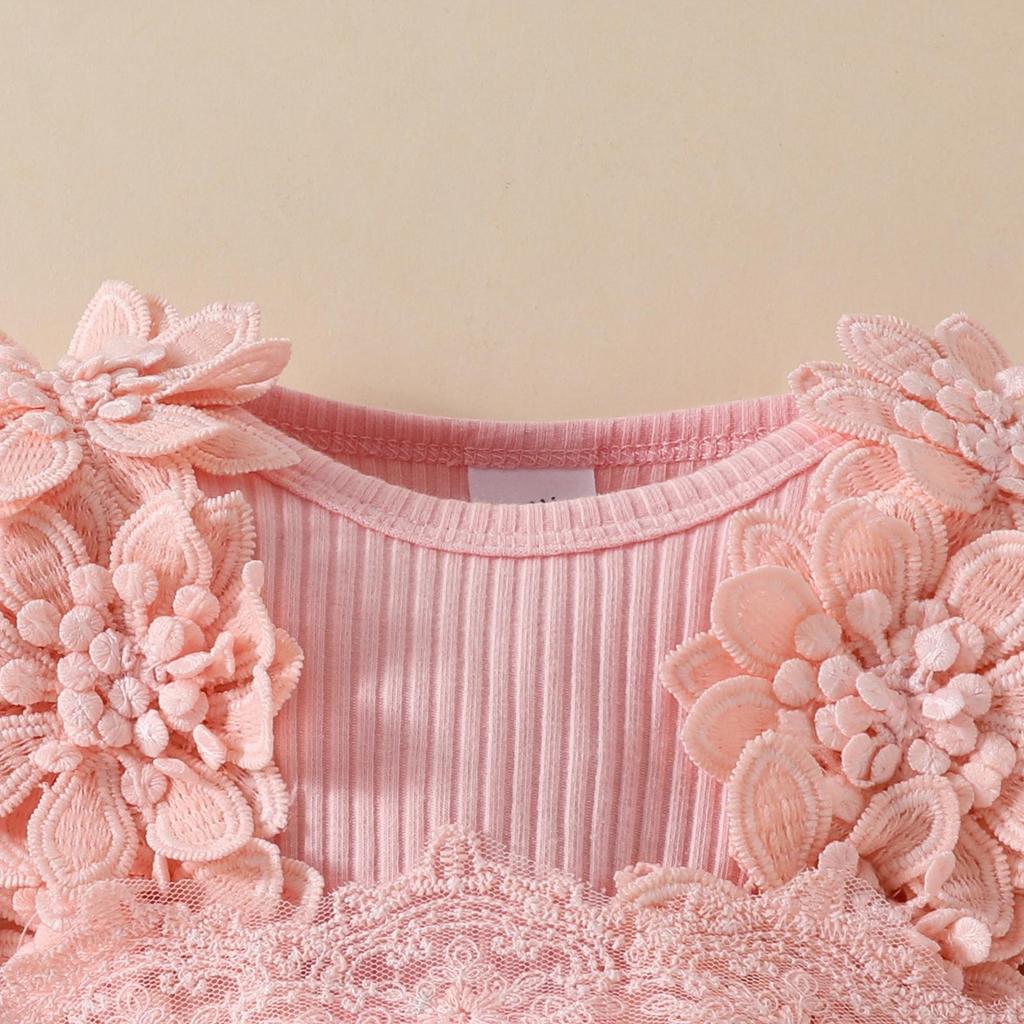 Sweet Floral Long Sleeve Baby Girl Romper Dress with Mesh Skirt