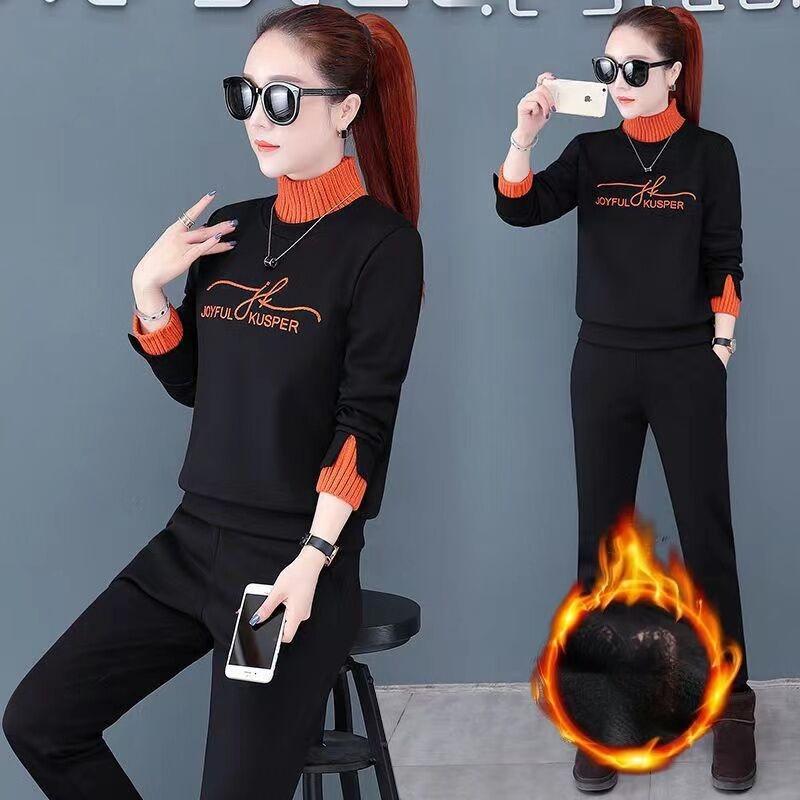 

Fashionable Winter and Autumn Women s Full-body Set - High-necked, Thickly Padded, Long-sleeved, Slimming Pullover and Sports Jacket Set 3XL чорний