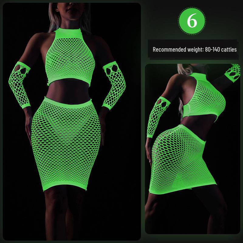 Glow-in-the-Dark Sexy Fishnet Bodysuit with Fluorescent Bandeau and Plus Size Glowing Stockings