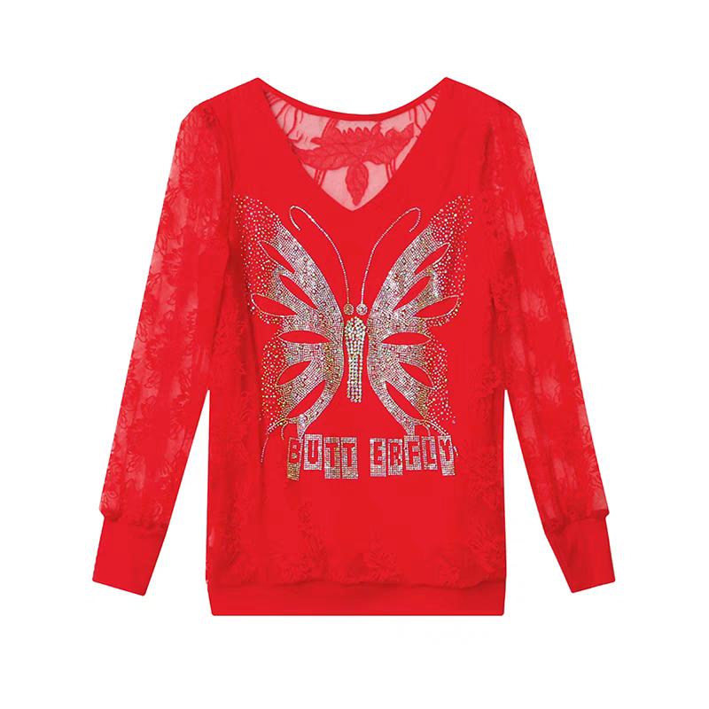 Primăvară Toamnă Nou Mânecă Lungă Sexy Dantelă Tricou Femei Casual Gât în V Fluture Diamante Fierbinți Tricou Doamnelor Topuri Elegante