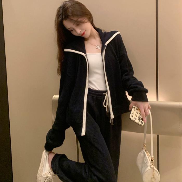 

Жіночий повсякденний осінній комплект з двох предметів у корейському стилі: Модний спортивний костюм вільного крою для бігу M чорний