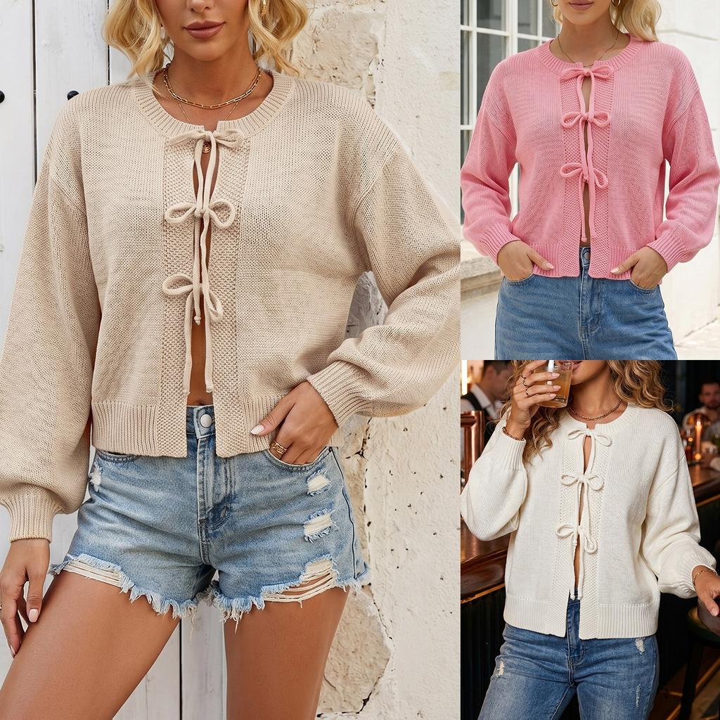 2026 solid color autumn and winter European and American style lace-up bow jacket sweater women's round neck commuting cross-border knitted cardigan