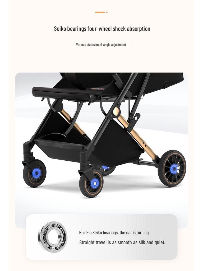 Lightweight Baby Stroller, Reclining & One-Key Fold, 4-Wheel Shock Absorption for Outings