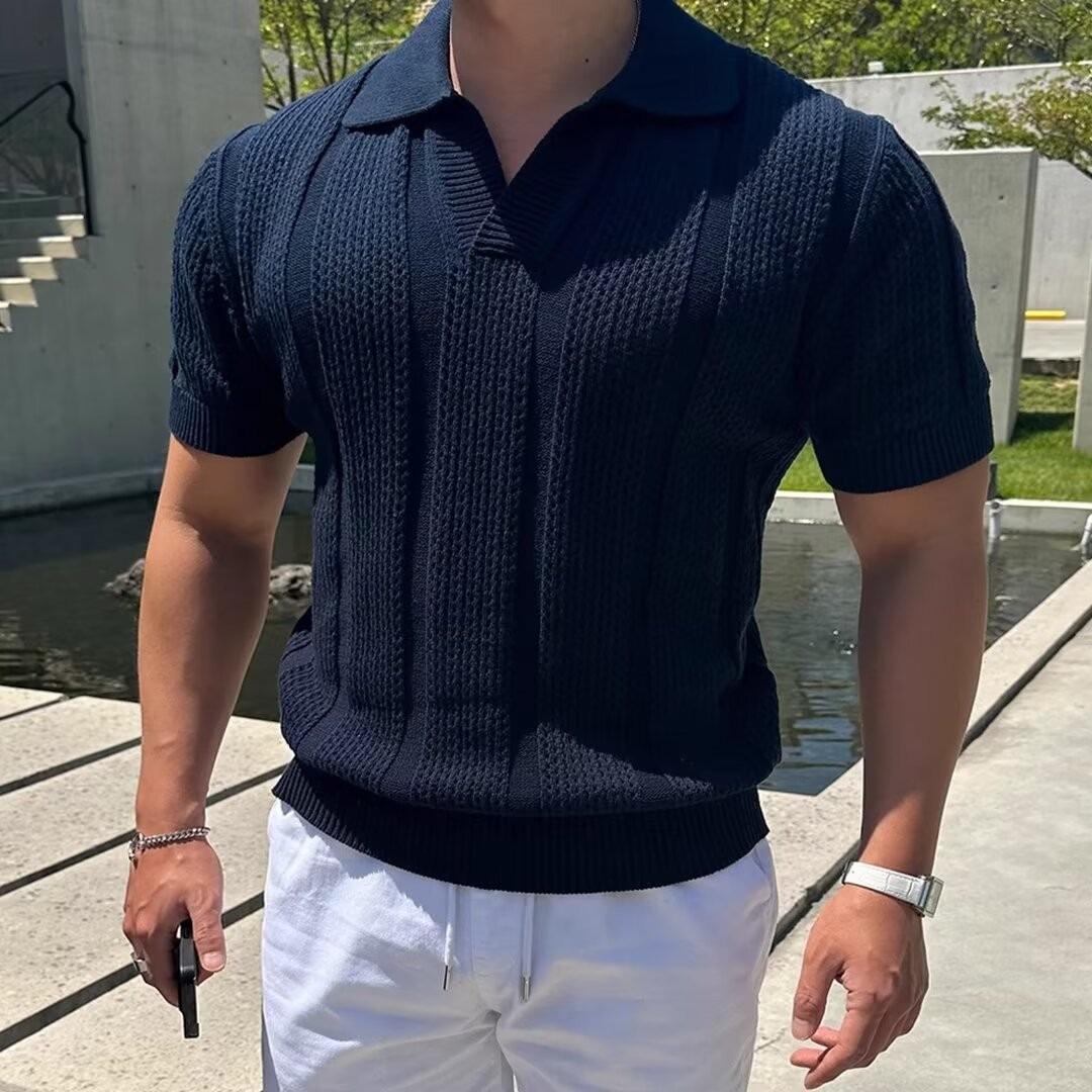 

Men s Summer High Street Knitted Polo Shirt - Short-Sleeved Lapel Cool Pullover M темно-синього кольору