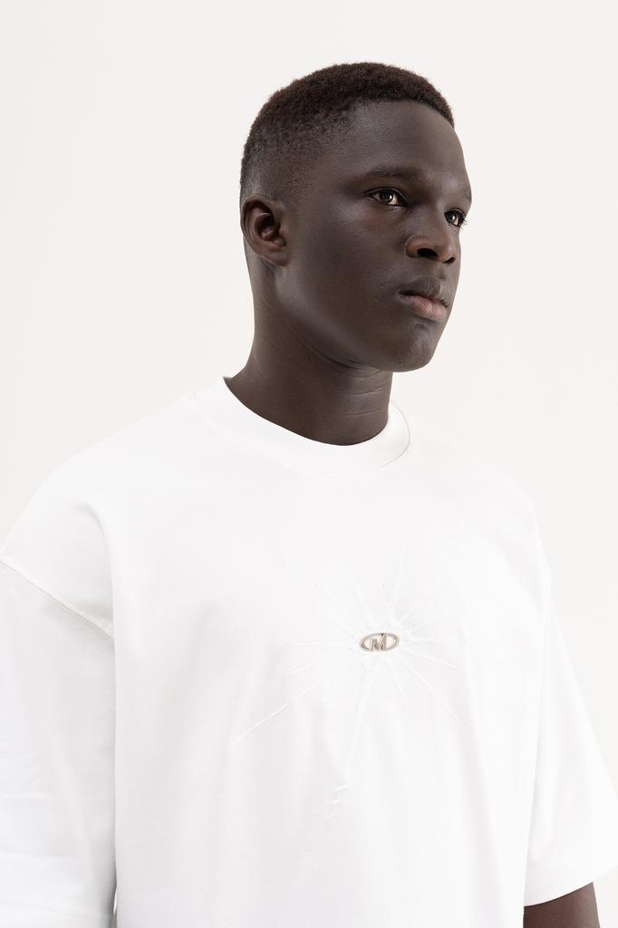 Men's Oversized T-shirt with Embroidered Metallic Logo – Interlock Machinist – Ecru S