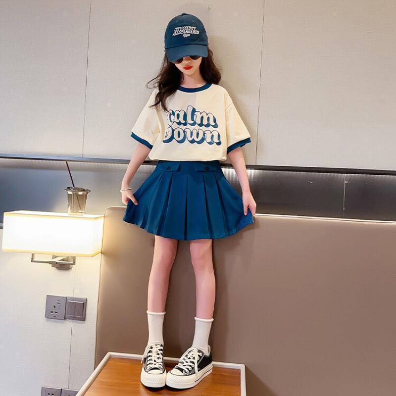 Summer Teenager Girls Cloth Short Sleeve Letters Striped T Shirt + Cargo Skirt Dress Children Set