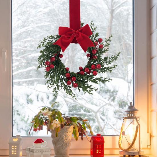 Artificial Christmas Wreath for Front Door 10 Inch Winter Greenery Wreath with Red Berries And Velvet Bow for Farmhouse Porch Wall Fireplace Decor