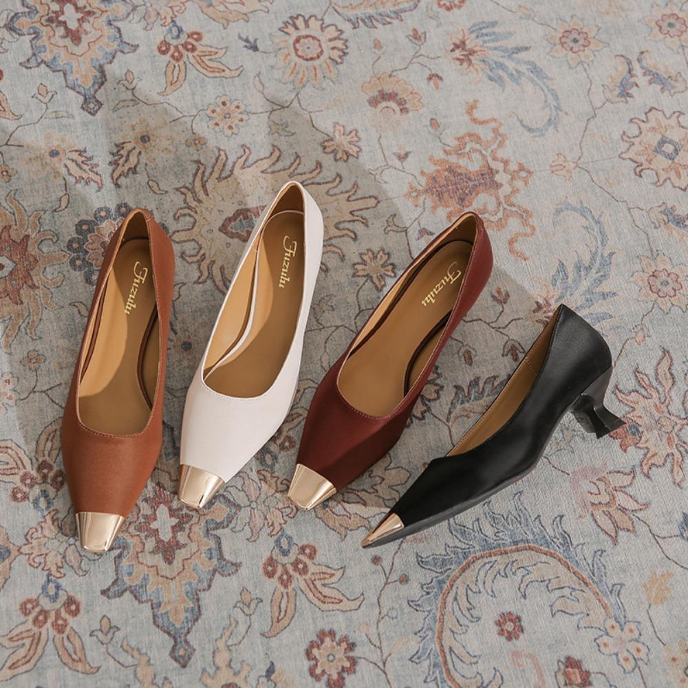 Fashion Metal Head High Heels Women's Summer Fashion Low Heel Commuter Four Seasons Pumps Cat Heel Daily Women's Shoes Mid Heel Pumps