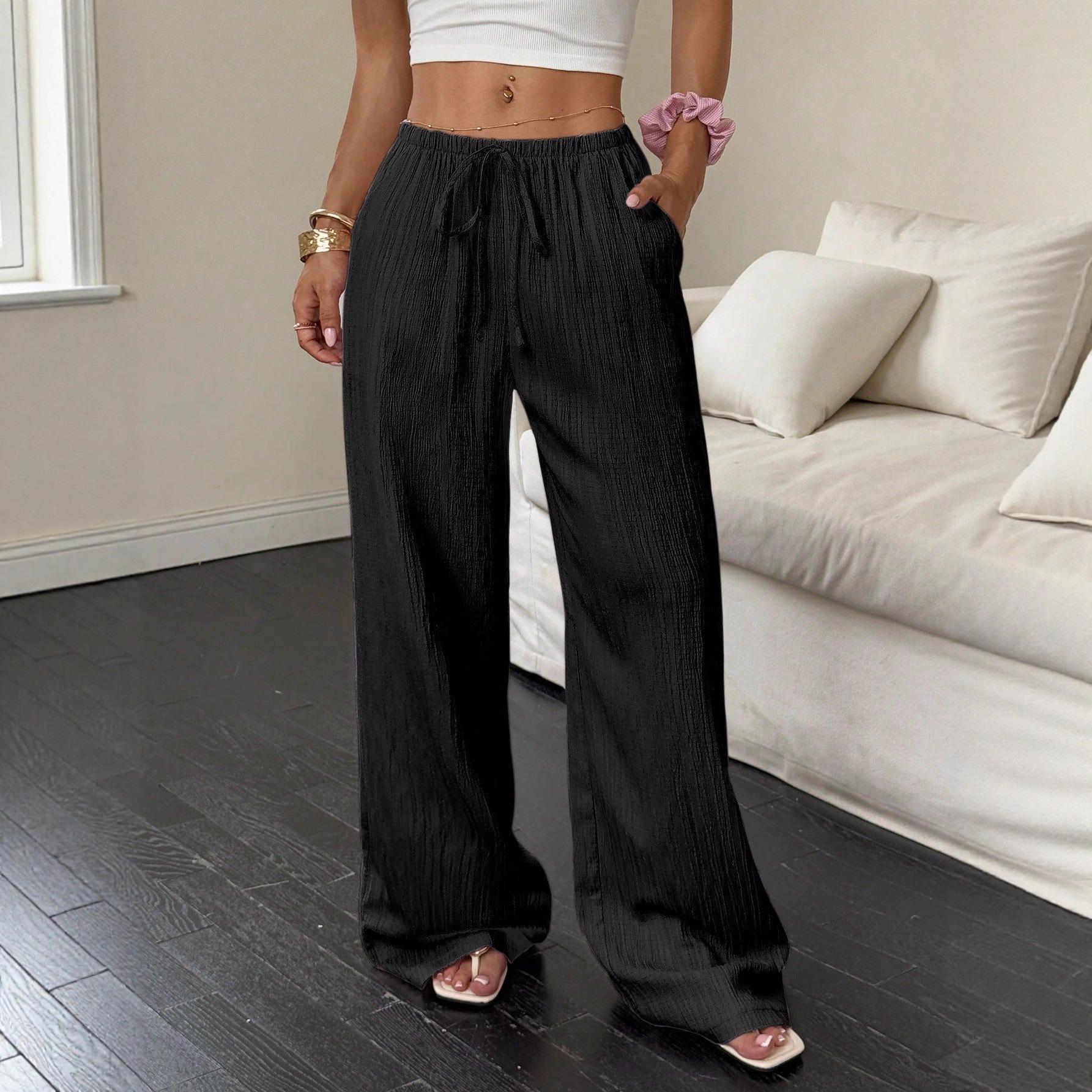 

2025 Summer Versatile Drape Textured Waist-Cinching Women s Casual Pants Large чёрный