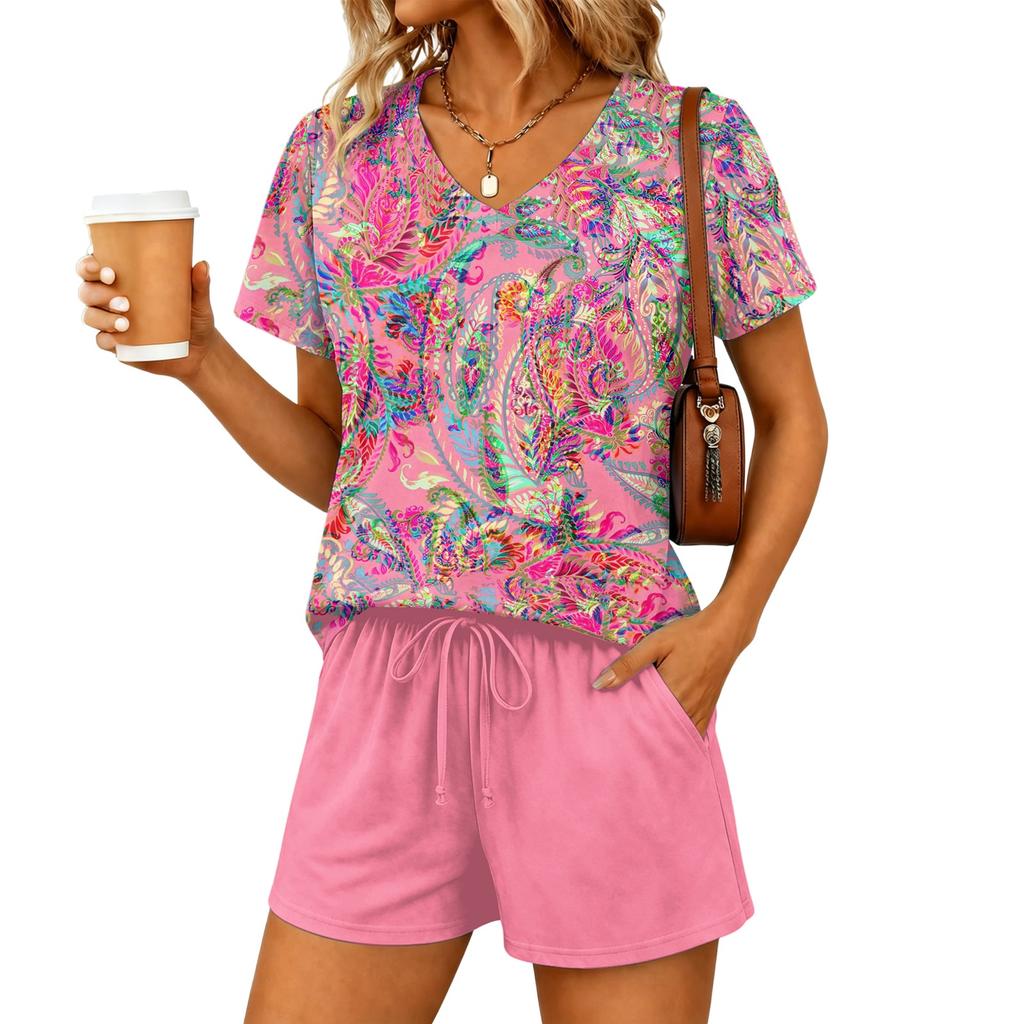 Women's Casual Two Piece Set V Neck Short Sleeve Floral Print Top with Elastic Waist Drawstring Shorts Lounge Wear