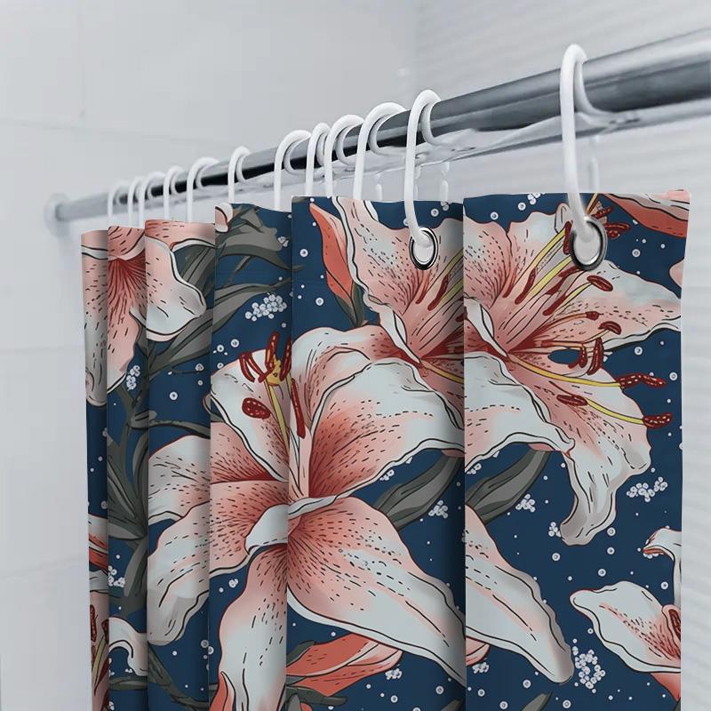 Stylish Bath Curtain With Pink Tiger Lilies Floral Design For Modern Bathroom Decor Navy Blue Shower Curtain Set Waterproof