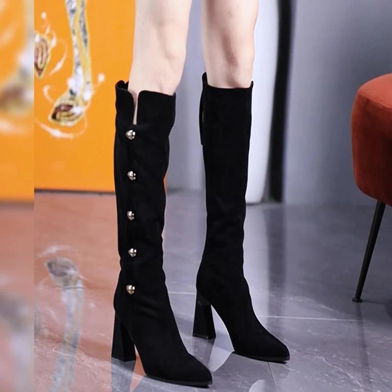 Vintage Winter Women Knee High Boots Fashion Pointed Toe High Heel Shoes Concise Long Botas De Mujer
