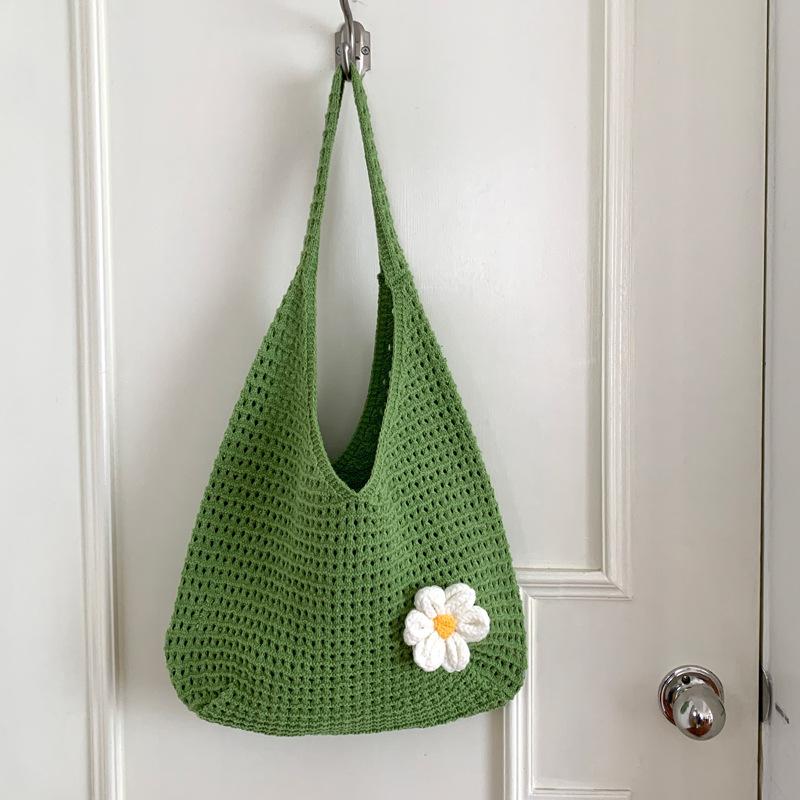 Flower Print Knit Bag for Women Hollow Out Mesh Tote Shoulder Purse Soft Woven Handbag Casual Daily Outing Bag