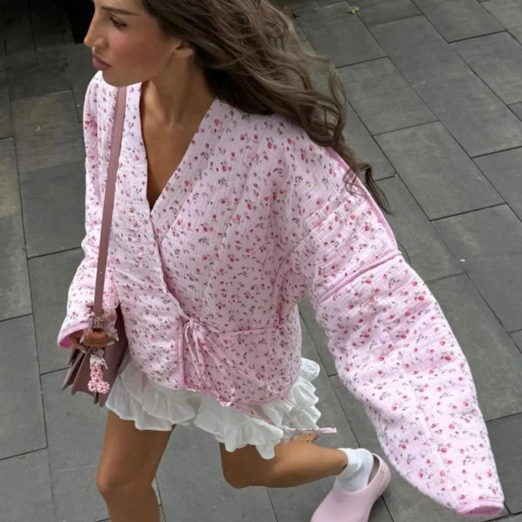 VAYLA Floral Printed Women's Cardigan Cute Lace up Pink Women Coat Casual Loose Autumn Warm Coats Fashion New Ladies Coats Outerwear