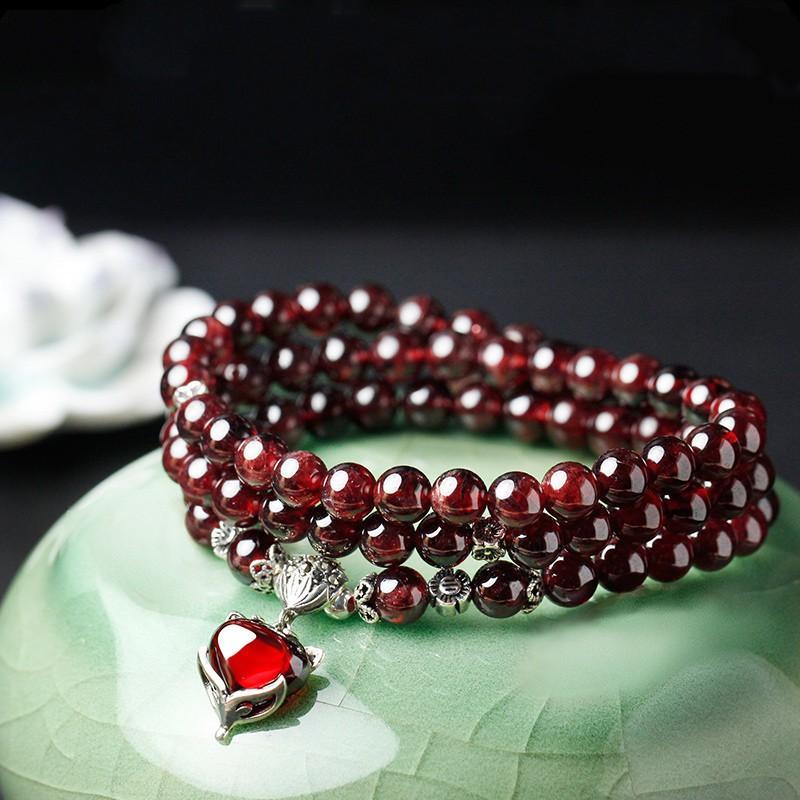 Natural Red Garnet Round Bead Multi-Strand Bracelet With Fox Charm Pendant Women Handmade Jewelry Accessory Natural