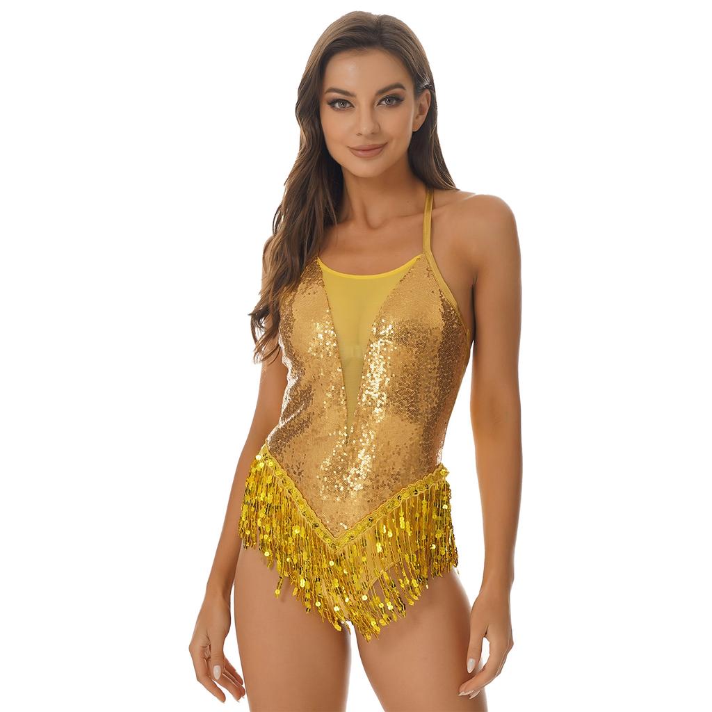 Lateinischer Jazz-Tanz-Trikotrock, hohl, überkreuzter Rücken, glänzende Fransen für Damen, Tanzkleidung