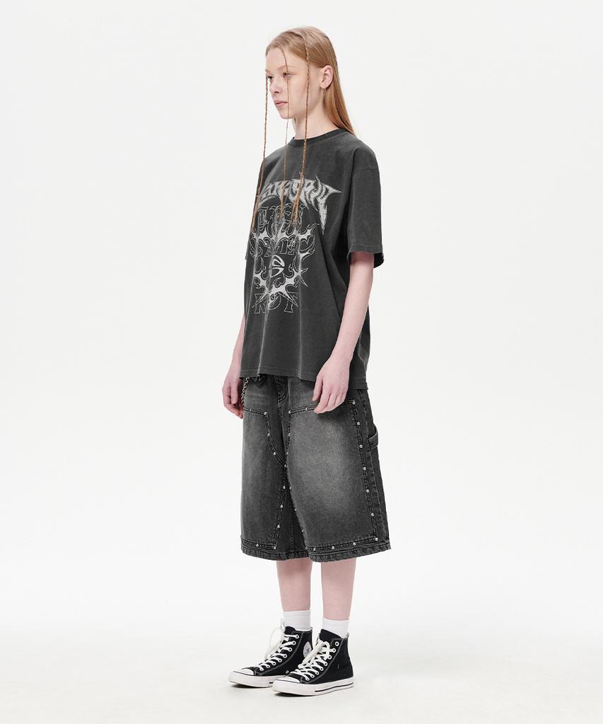 MAHAGRID Stud Double Knee Denim Short Black(Mg2Emmd160A)