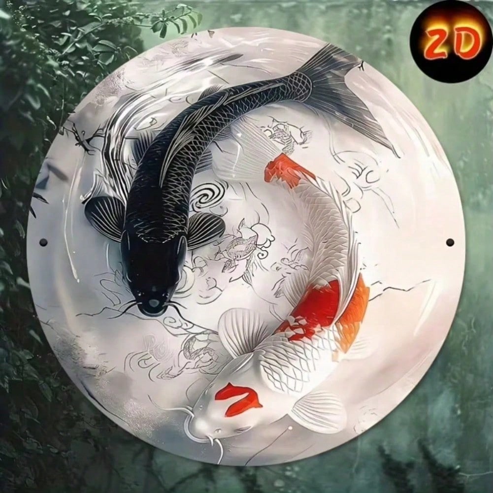 2D Iron Art Koi Fish Wall Decor, Black White Red Orange Metal Painting for Home Office Restaurant Bar