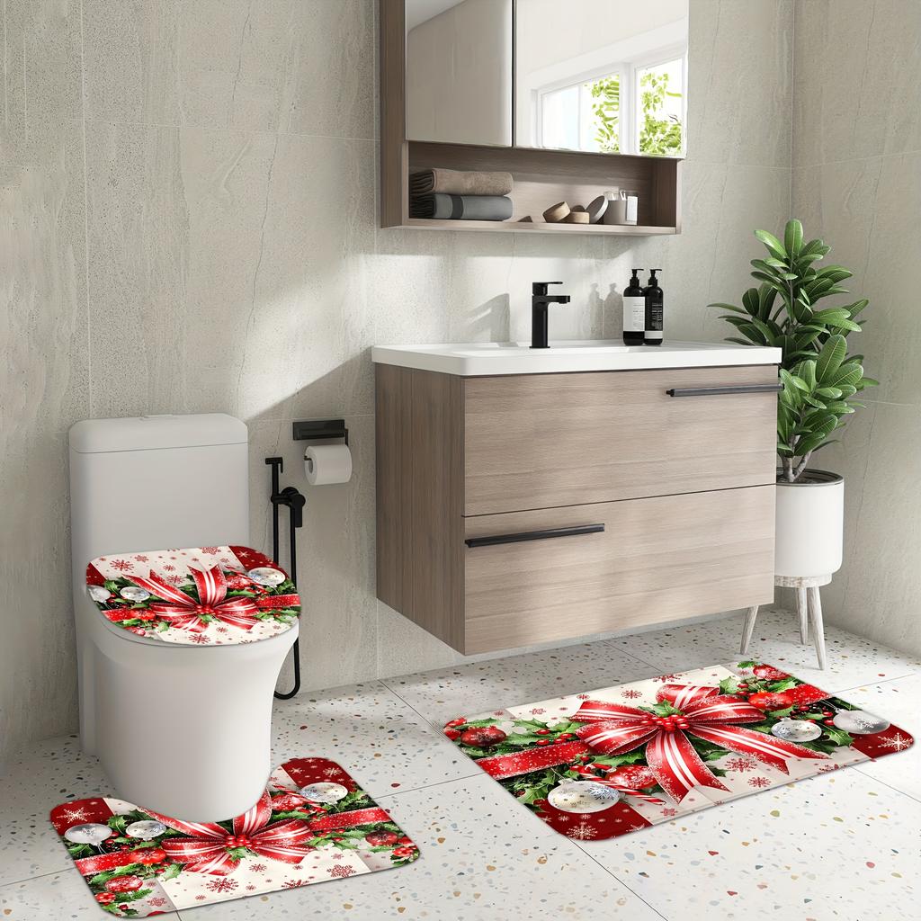4Pcs Merry Christmas Shower Curtain Set with Non-Slip Bath Mat, Toilet Lid Cover, Contour Rug & 12 Hooks, Bathroom Decor