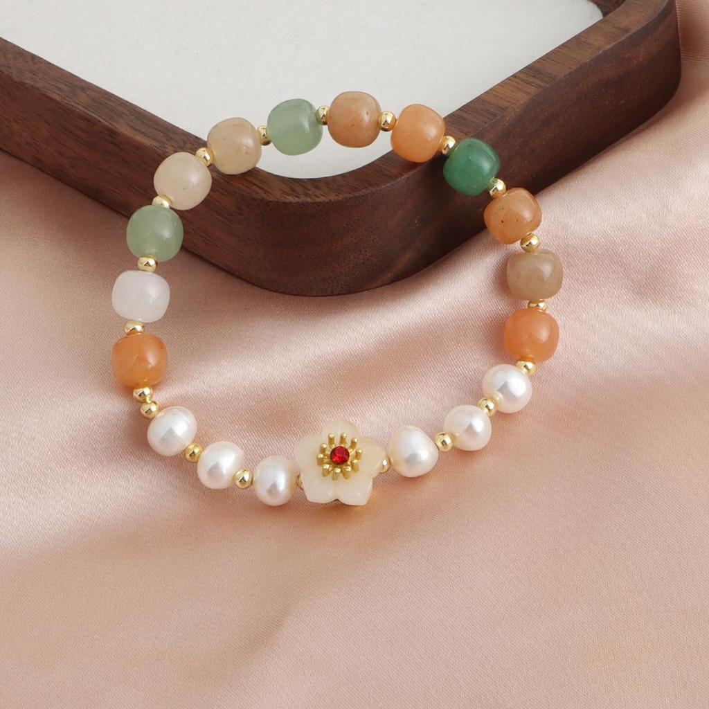 Natural Pearl & Rose Quartz Aquamarine Bracelet | Chinese Style Peach Blossom Jewelry