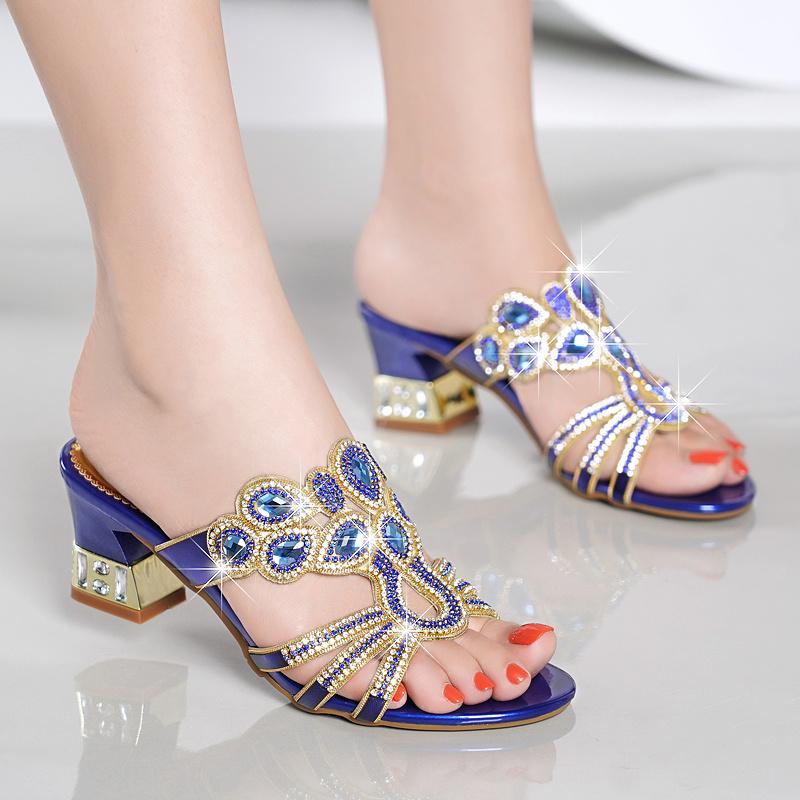 New Women Sandals Thick Heel Inlaid With Diamond Leather Sandals Sexy Open Toe High Heel Summer Beach Shoes