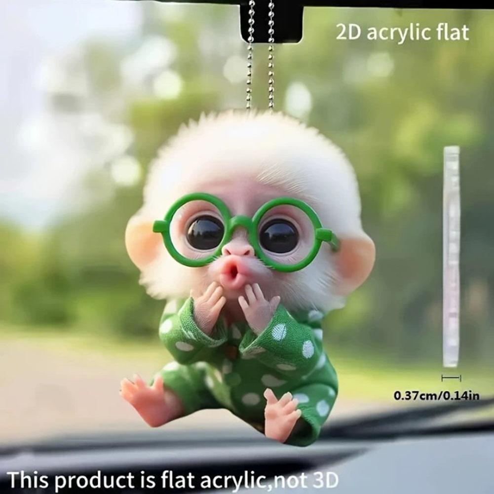 2D Monkey-Shaped Car Pendant Hanging Ornament with Chain Realistic Animal Rearview Mirror Hanging Decor Car Interior Accessories