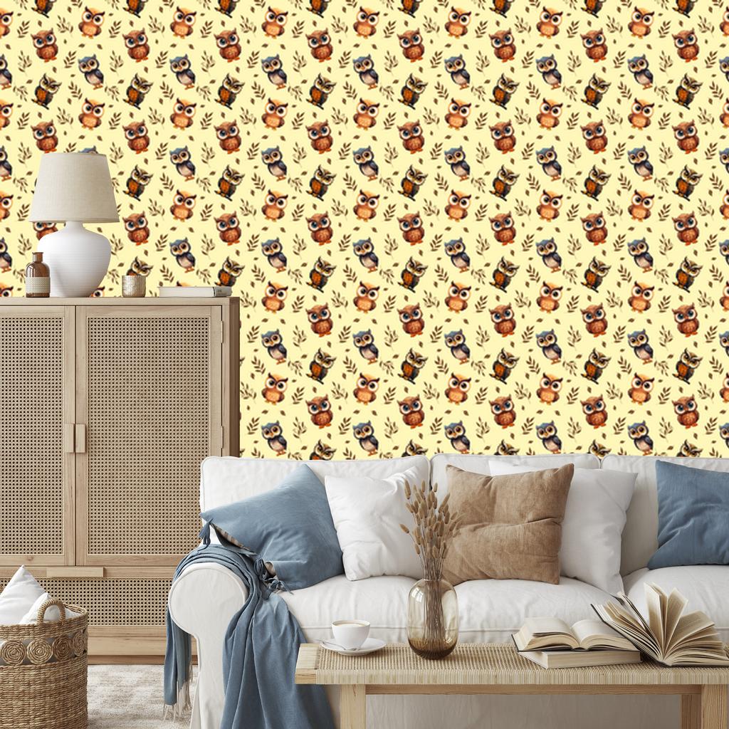 Cream and Gold Owl Wallpaper for Living Room and Bedroom 50x1000